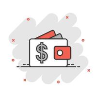 Brieftaschen-Symbol im Comic-Stil. Geldbörse Cartoon-Vektor-Illustration auf weißem Hintergrund isoliert. Geschäftskonzept mit Splash-Effekt für Finanzbeutel. vektor