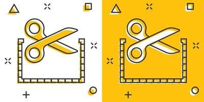 Coupon-Schnittlinien-Symbol im Comic-Stil. Schere schneidet Cartoon-Zeichen-Vektorillustration auf weißem, isoliertem Hintergrund. Geschäftskonzept mit Splash-Effekt für Verkaufsaufkleber. vektor