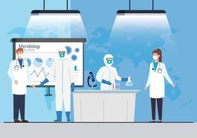 mikrobiologisk infografik för covid 19 med medicinsk personal vektor