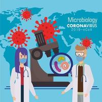 mikrobiologi för covid 19 med läkare och mikroskop vektor