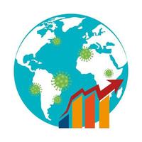 planetjord med covid19-partiklar och statistikpilar vektor