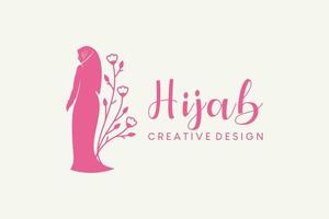 hijab logotyp design, hijab boutique, hijab mode och hijab skönhet med kreativ hijab kvinna silhuetter vektor
