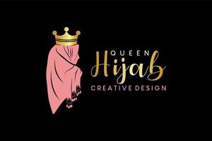 hijab logotyp design, hijab boutique, hijab mode och hijab skönhet med hijab kvinna silhuett och krona vektor