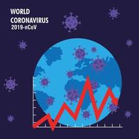 planetjord med covid19-partiklar och statistikpilar vektor