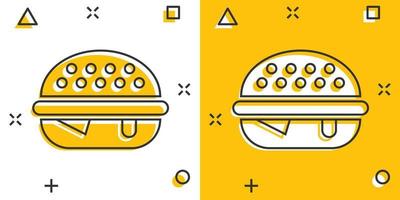 burger tecken ikon i komisk stil. hamburgare vektor tecknad serie illustration på vit isolerat bakgrund. ostburgare företag begrepp stänk effekt.