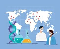 Ärzte mit Gesichtsmaske mit Weltkarte und medizinischen Symbolen vektor