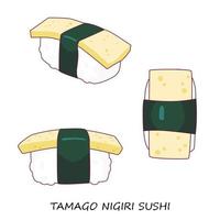 japansk omelett sushi nigiri på vit bakgrund. tamago nigiri. annorlunda se. traditionell japansk mat. vektor ClipArt.