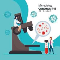 Mikrobiologie für Covid 19 mit weiblichen Ärzten und Mikroskop vektor