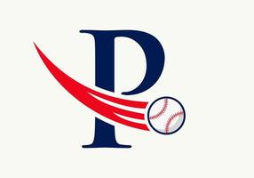 Buchstabe p Baseball-Logo-Konzept mit beweglicher Baseball-Icon-Vektorvorlage vektor