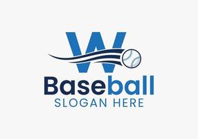 Buchstabe w Baseball-Logo-Konzept mit beweglicher Baseball-Icon-Vorlage vektor