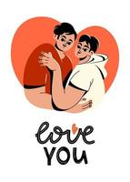 eine inklusive Valentinstagskarte. lgbt-männer umarmen sich. eine süße Karte mit Herz. schöne Freunde vektor