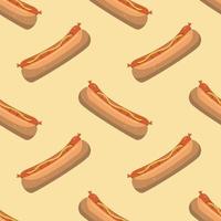 Hot Dogs mit Wurst und Senfsauce nahtloses Muster auf farbigem Hintergrund. flache vektorillustration. Design für Tapeten, Textilien und Kulissen. vektor