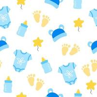 Neugeborenes Baby-Cartoon-Icon-Set. Kindergarten Musterdesign. Bodysuit, Mütze, Fußabdrücke, Babyflasche, Sternluftballon. vektor