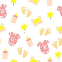 Neugeborenes Baby-Cartoon-Icon-Set. Kindergarten Musterdesign. Bodysuit, Mütze, Fußabdrücke, Babyflasche, Sternluftballon. vektor