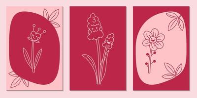 uppsättning av vykort för februari 14. tre vykort för hjärtans dag med söt blomma tecken. hand dragen klotter vektor illustration.
