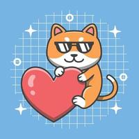 söt katt karaktär bär glasögon kramas stor hjärta tecknad serie ikon illustration vektor