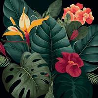 grüner tropischer waldhintergrund monsterblätter, palmblätter, zweige. exotischer pflanzenhintergrund für banner, schablone, dekor, postkarte. abstraktes Laub und botanische Tapete - Vektor