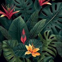 grön tropisk skog bakgrund monstera löv, handflatan löv, grenar. exotisk växter bakgrund för baner, mall, dekor, vykort. abstrakt lövverk och botanisk tapet - vektor