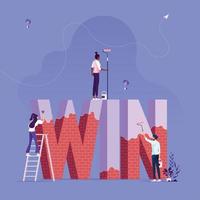Unternehmensgruppe baut und malt Wort Win-Business-Erfolgskonzept vektor