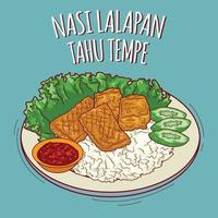 nasi lalapan tahu tempe illustration indonesiska mat med tecknad serie stil vektor