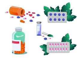 uppsättning av vektor piller och kapslar. tabletter i blåsor, smärtstillande medicin, antibiotika, vitaminer och aspirin, traditionell medicin. apotek och läkemedel symboler. medicinsk illustration på vit bakgrund.
