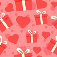 Geschenkboxen und nahtloses Muster der roten Herzen. vektor