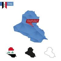 Irak blaue Low-Poly-Karte mit Hauptstadt Bagdad. vektor