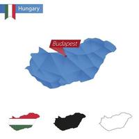 Ungarn blaue Low-Poly-Karte mit Hauptstadt Budapest. vektor