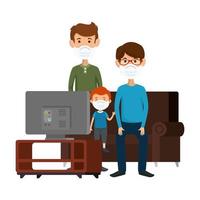 pappor med barn som använder ansiktsmask tittar på tv vektor