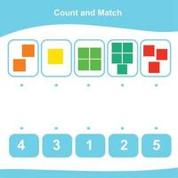 Zähle und kombiniere Spiel für Kinder. Spiel mit geometrischen Formen. Mathe-Arbeitsblatt für den Kindergarten. pädagogisches druckbares mathe-arbeitsblatt. Vektor-Illustration. vektor