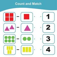 räkning och matchande spel för förskola barn. matematik kalkylblad för förskola. geometrisk former tema. pedagogisk tryckbar matematik kalkylblad vektor