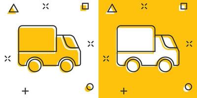 leverans lastbil ikon i komisk stil. skåpbil tecknad serie vektor illustration på vit isolerat bakgrund. frakt bil stänk effekt företag begrepp.