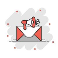 Briefumschlag-Benachrichtigungssymbol im Comic-Stil. E-Mail mit Lautsprecher-Cartoon-Vektorillustration auf weißem, isoliertem Hintergrund. E-Mail-Splash-Effekt-Geschäftskonzept erhalten. vektor