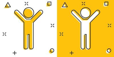 vektor tecknad serie Lycklig man med händer upp ikon i komisk stil. människor Lycklig tecken illustration piktogram. man företag stänk effekt begrepp.