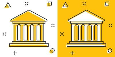 Bankgebäude-Ikone im Comic-Stil. Regierungsarchitektur Vektor Cartoon Illustration Piktogramm. Museum Exterieur Geschäftskonzept Splash-Effekt.