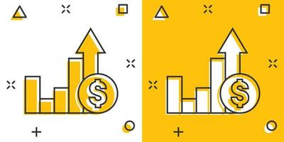 tillväxt pil ikon i komisk stil. inkomst tecknad serie vektor illustration på vit isolerat bakgrund. öka stänk effekt företag begrepp.