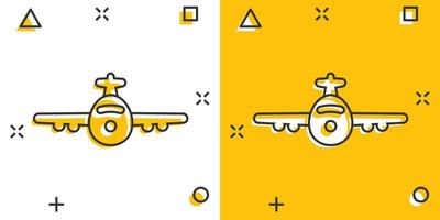 Flugzeug-Symbol im Comic-Stil. Flugzeugkarikatur-Vektorillustration auf weißem lokalisiertem Hintergrund. Geschäftskonzept mit Splash-Effekt für Fluglinienflugzeuge. vektor