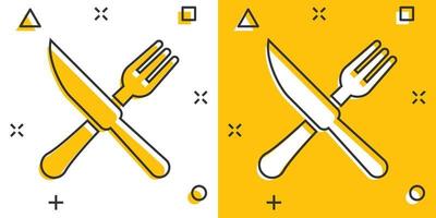 Gabel und Messer-Restaurant-Ikone im Comic-Stil. abendessen ausrüstung vektor cartoon illustration piktogramm. Restaurant-Business-Konzept-Splash-Effekt.
