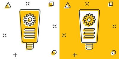 Sol skydd ikon i komisk stil. solkräm grädde tecknad serie vektor illustration på vit isolerat bakgrund. spf vård stänk effekt företag begrepp.