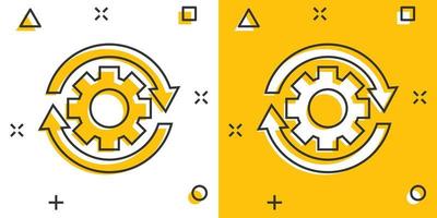 arbetsflöde bearbeta ikon i komisk stil. redskap kugge hjul med pilar vektor tecknad serie illustration piktogram. arbetsflöde företag begrepp stänk effekt.
