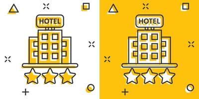 Hotel 3-Sterne-Schild-Symbol im Comic-Stil. gasthausgebäude-karikaturvektorillustration auf weißem lokalisiertem hintergrund. Geschäftskonzept mit Splash-Effekt für Hostelzimmer. vektor