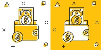 Geldbörse mit Dollar-Symbol im Comic-Stil. Geldbörse Cartoon-Vektor-Illustration auf weißem Hintergrund isoliert. Geschäftskonzept mit Splash-Effekt für Finanzbeutel. vektor