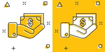 ersättning ikon i komisk stil. pengar i hand tecknad serie vektor illustration på vit isolerat bakgrund. sedel löner stänk effekt företag begrepp.
