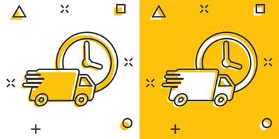 vektor tecknad serie leverans lastbil 24 timmar ikon i komisk stil. 24 timmar snabb leverans service frakt tecken illustration piktogram. bil skåpbil företag stänk effekt begrepp.