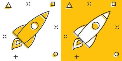 Vektor-Cartoon-Raketen-Symbol im Comic-Stil. Startzeichen-Illustrationspiktogramm. Raketengeschäft Splash-Effekt-Konzept. vektor