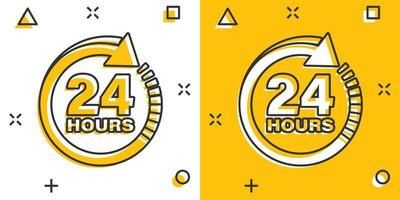 24-Stunden-Uhr-Schild-Symbol im Comic-Stil. vierundzwanzig Stunden offene Vektor-Cartoon-Illustration auf weißem, isoliertem Hintergrund. Zeitplan Geschäftskonzept Splash-Effekt. vektor
