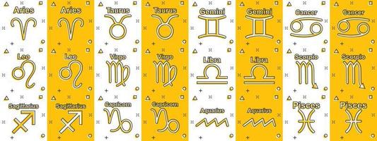 vektor tecknad serie zodiaken ikon uppsättning i komisk stil. astrologi tecken illustration piktogram. astro horoskop företag stänk effekt begrepp.