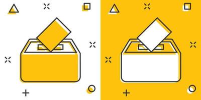 Wahlwähler-Box-Symbol im Comic-Stil. Stimmzettel Vorschlag Vektor Cartoon Illustration Piktogramm. Splash-Effekt für das Geschäftskonzept der Wahlabstimmung.
