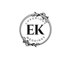 ek initials brief hochzeitsmonogramm logos vorlage, handgezeichnete moderne minimalistische und florale vorlagen für einladungskarten, datum speichern, elegante identität. vektor