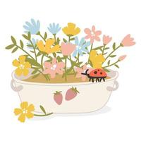 en bukett av blommor i en vit handfat med jordgubbar. söt vår platt ritad för hand vektor illustration i tecknad serie stil, isolerat på en vit bakgrund. använda sig av för utskrift på en t-shirt, en vykort